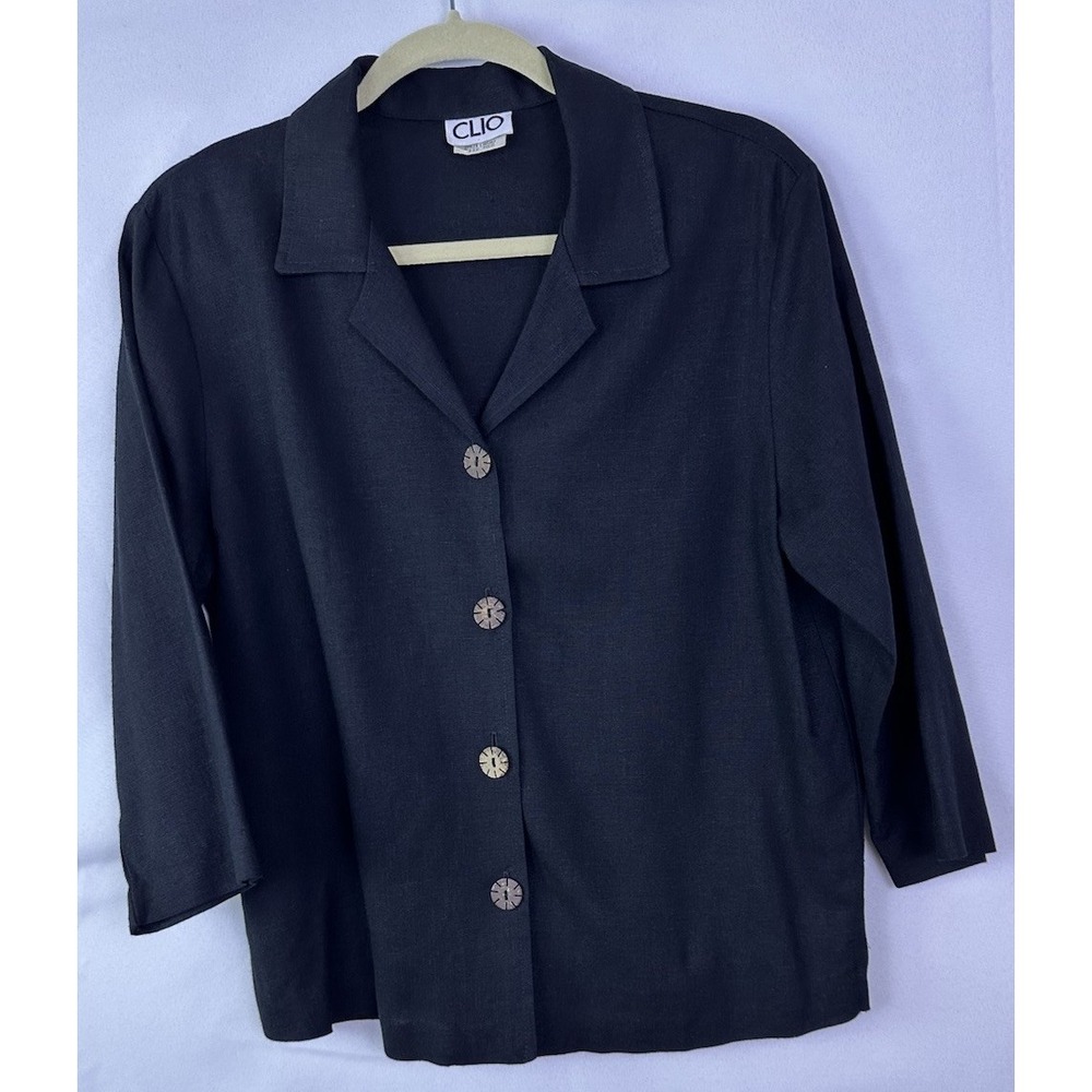 VTG Clio Black Linen Button Down Top 3/4 Sleeves